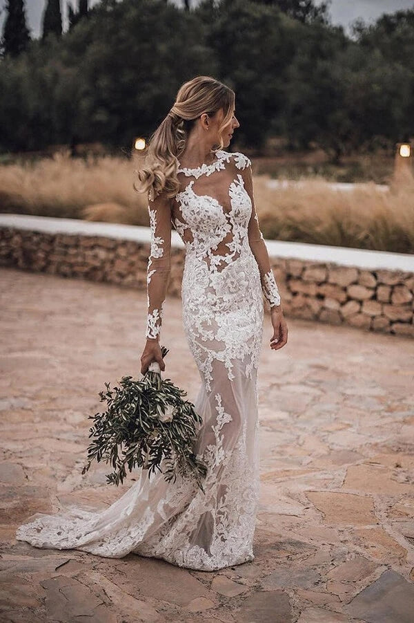 Long sleeve see through wedding dress 2025