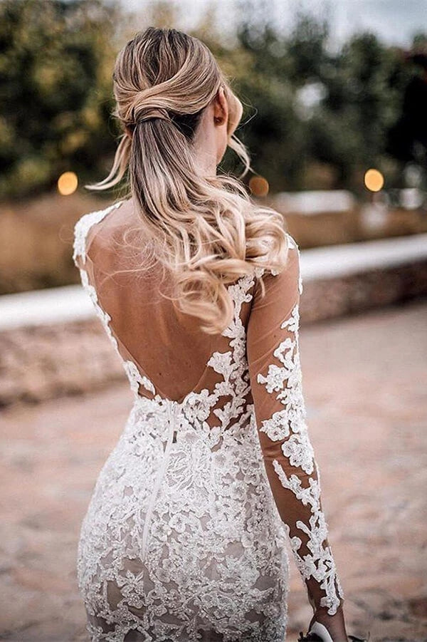 Wedding dresses long 2025 sleeve lace open back
