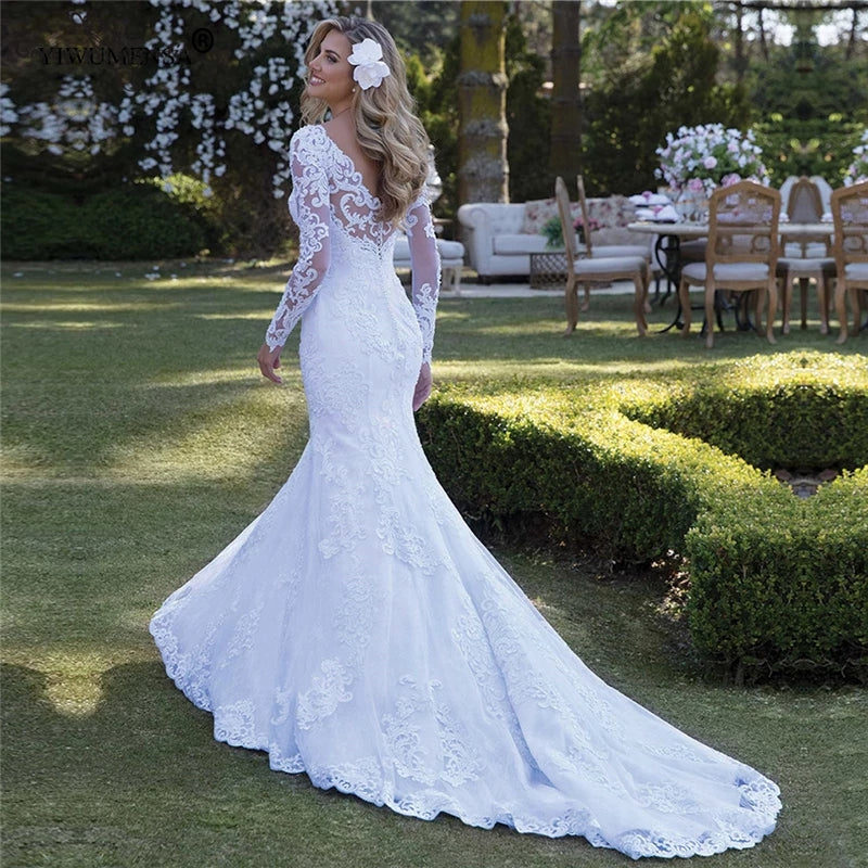 Long Sleeve Wedding Dresses Mermaid Bride Dresses Plus Size Lace Appli Okdresses
