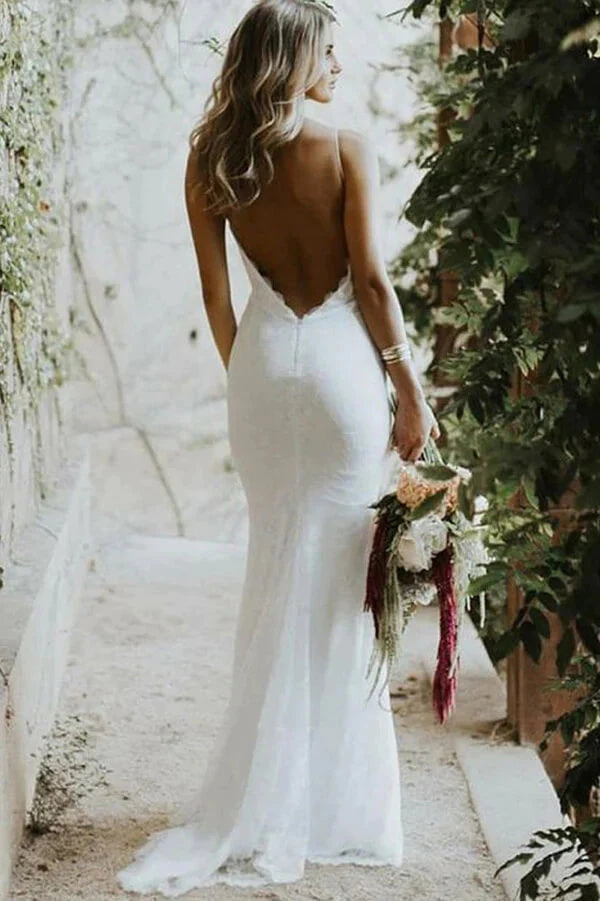 Mermaid V neck Backless Wedding Dresses With Bruish Train Bridal Gown Okdresses