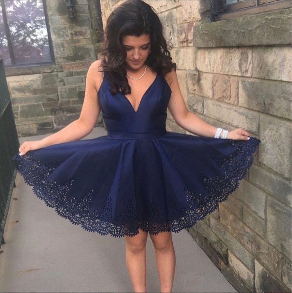 A Line V Neck Satin Navy Blue Short Homecoming Dress With Lace OKZ95 Okdresses
