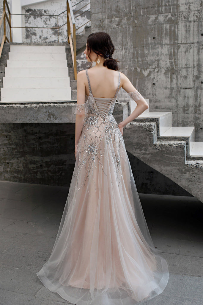 A-line Beaded Long Tulle Lace Up Back Prom Dress OKT25