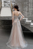 A-line Beaded Long Tulle Lace Up Back Prom Dress OKT25