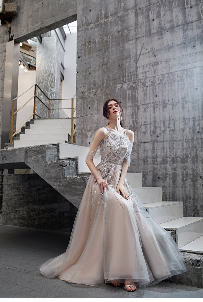 A-line Beaded Long Tulle Lace Up Back Prom Dress OKT25