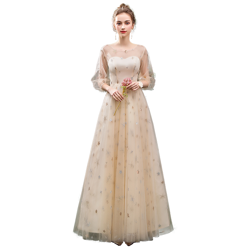 Stunning A Line 3/4 Sleeves Tulle Round Neck Prom Dress Evening Dress OKQ76