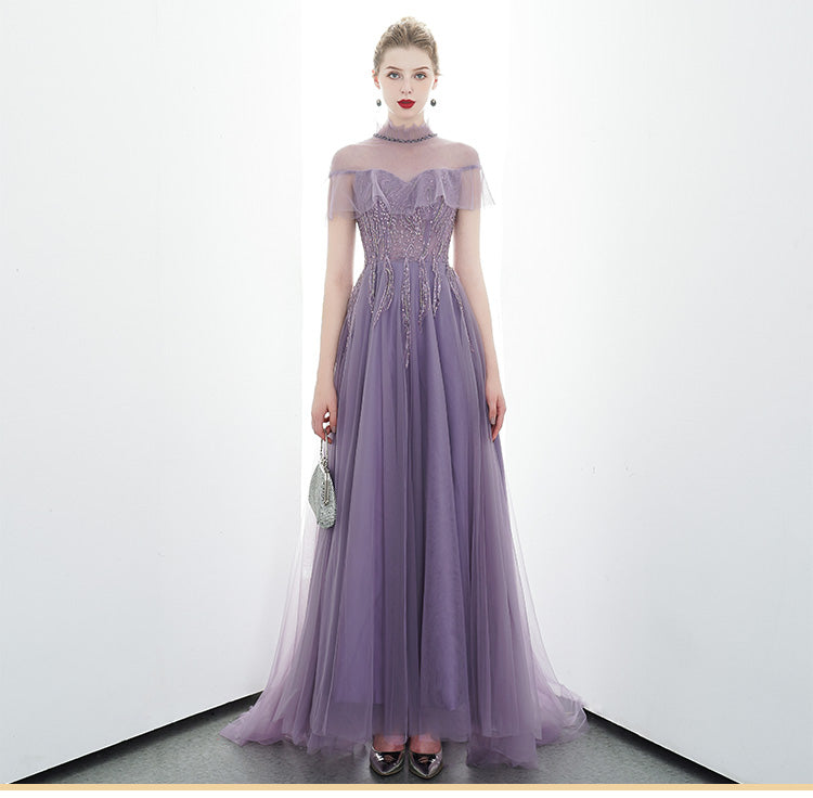 A-line Tulle Long High Neck Purple Prom Dress With Ruffles OKR86