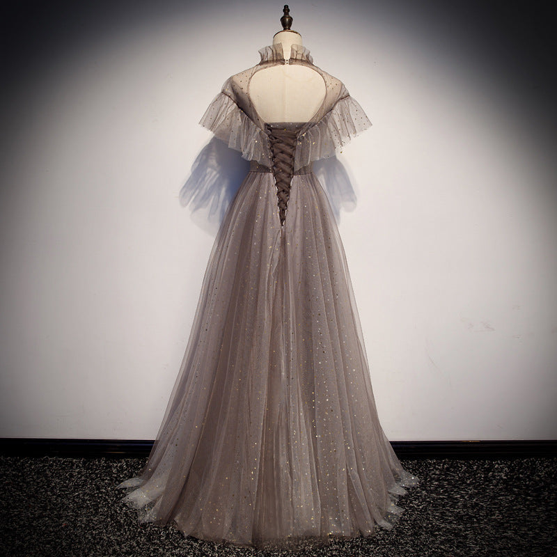 A Line High Neck Tulle Short Sleeves Prom Dress Long Evening Party Dress OKQ73