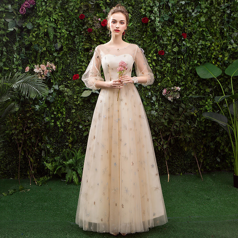 Stunning A Line 3/4 Sleeves Tulle Round Neck Prom Dress Evening Dress OKQ76