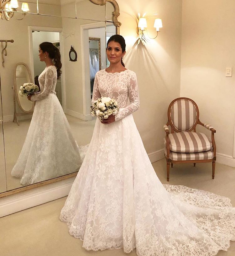 Long Sleeves Lace A-line Boat Neckline Ivory Long Bridal Dress