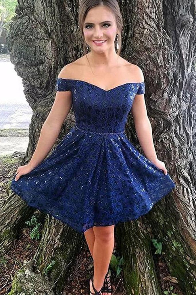 Navy blue off the shoulder cocktail dress outlet
