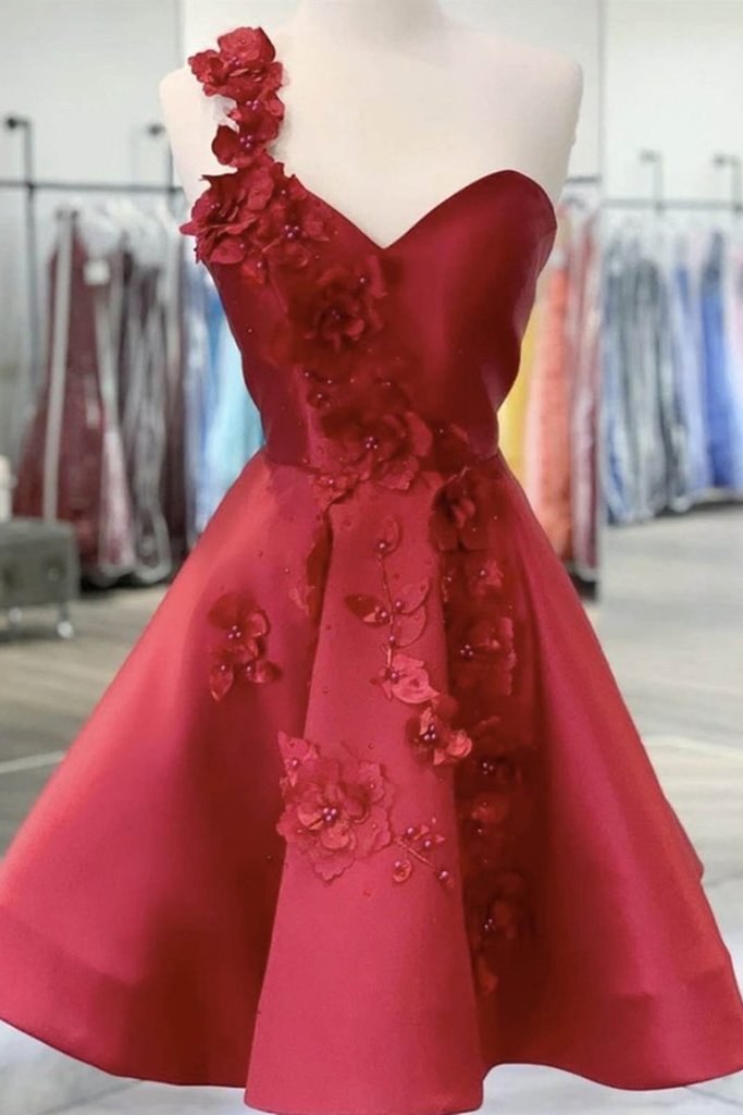 One Shoulder Zipper Back Burgundy Floral Short Prom Dress Formal