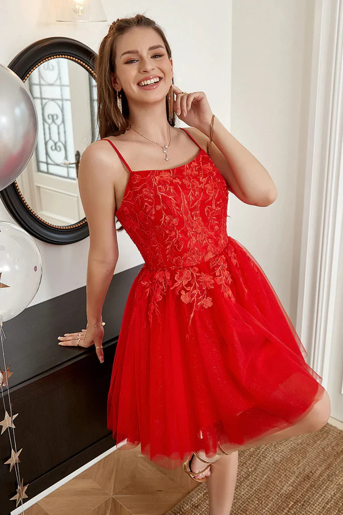 Red Lace Appliques Tulle Short Prom Dresses, Spaghetti Straps  Homecoming Dresses OK1711