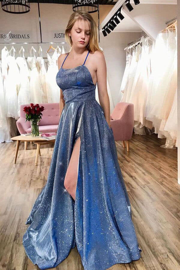 A Line Sparkly Spaghetti Straps Prom Dress Long Graduation Dress