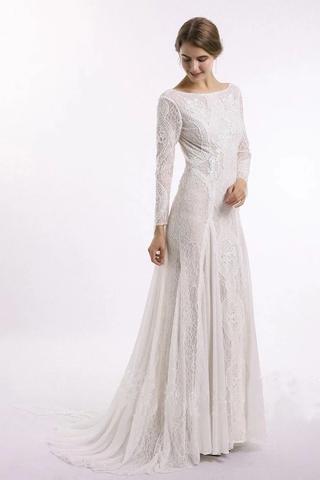 Elegant Lace Bridal Dress, Long Sleeves Backless Beach Wedding Dress OKN91