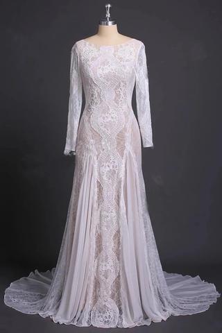 Elegant Lace Bridal Dress, Long Sleeves Backless Beach Wedding Dress OKN91