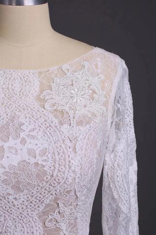Elegant Lace Bridal Dress, Long Sleeves Backless Beach Wedding Dress OKN91