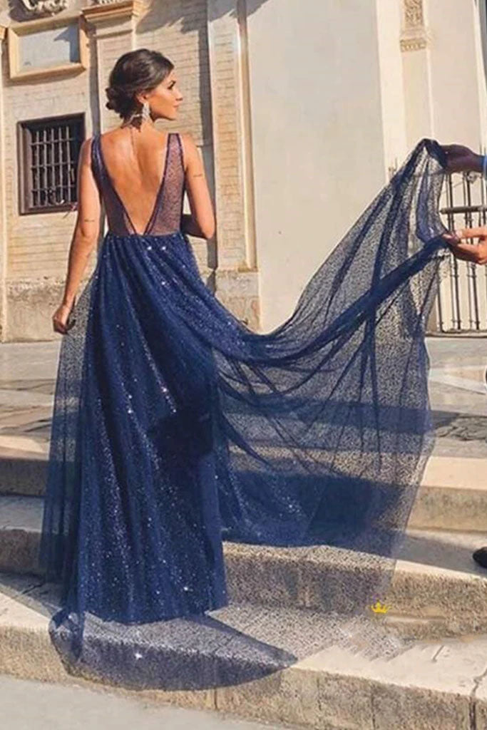 Navy blue backless prom dress on sale