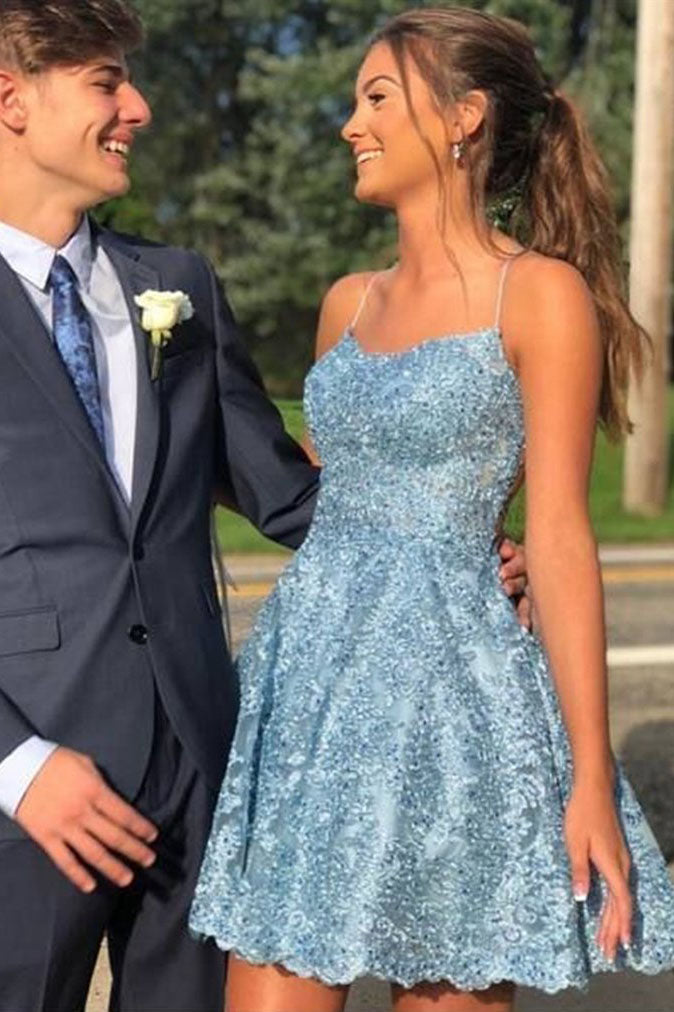 Blue lace dress short clearance