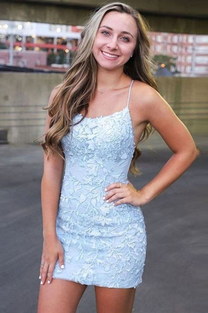 Short Light Blue Sheath Lace Prom Dresses Tight Graduation