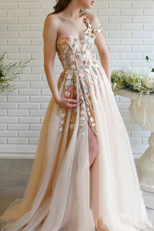 3D Flowers A line Tulle One Shoulder Sweetheart Neckline Long Prom
