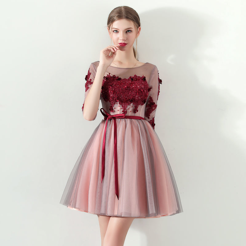 A Line Red Flowers Half Sleeves Homecoming Dress, Short Appliques Prom Dress OKN61
