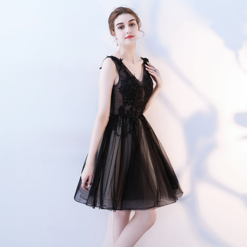 A Line V Neck Black Homecoming Dress, Short Tulle Appliques Prom Dress OKN63