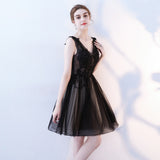 A Line V Neck Black Homecoming Dress, Short Tulle Appliques Prom Dress OKN63