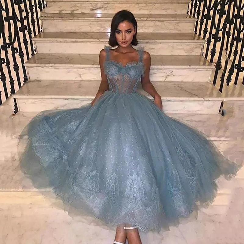 Chic Blue Prom Dress Tea Length Sexy Corset Top Tulle Skirt Party Gown –  Okdresses