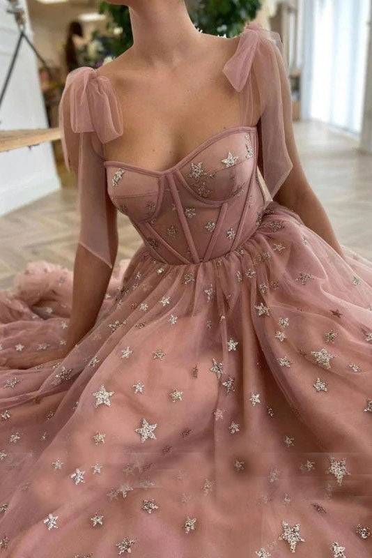 Sparkly Stars Tulle Blush Pink Prom Dress Shiny Princess Evening Dress Okdresses