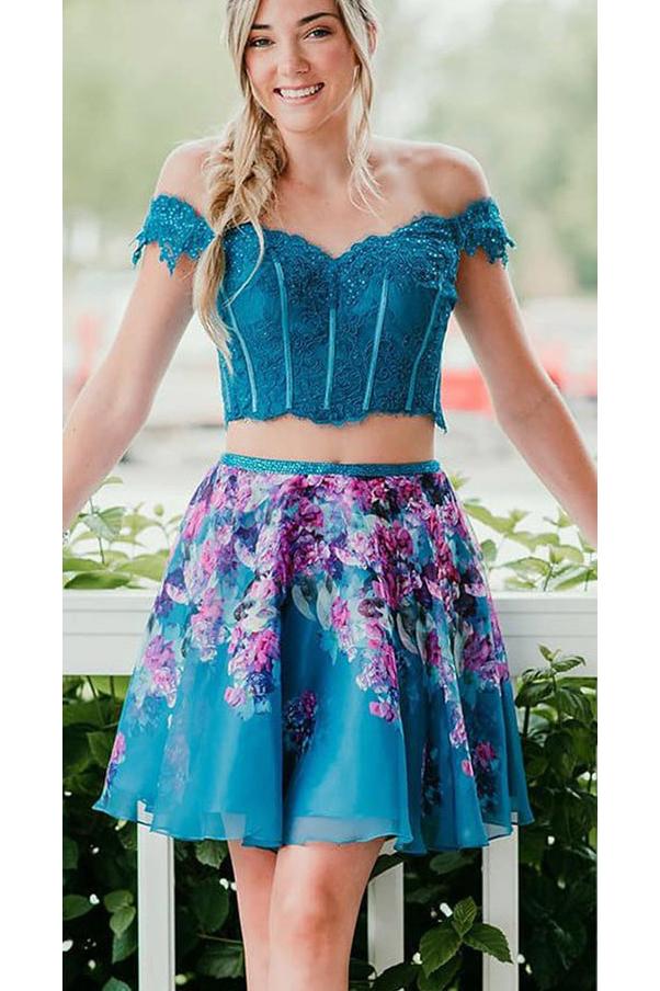 Two Piece Turquoise Off Shoulder Beading Floral Homecoming Dress OKM33