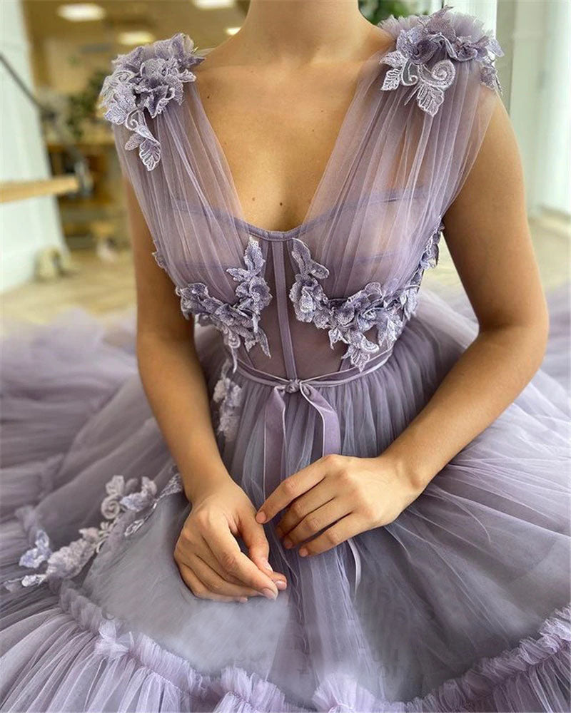 Elegant Tulle A-line Long Prom Dress Sheer V Neck 3D Flowers Evening G –  Okdresses