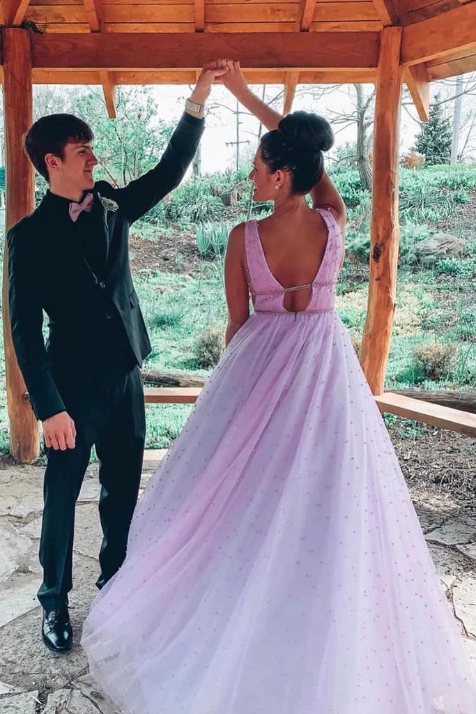 A Line V Neck Sexy Long Lilac Prom Dress Tulle Formal Dress OKS20