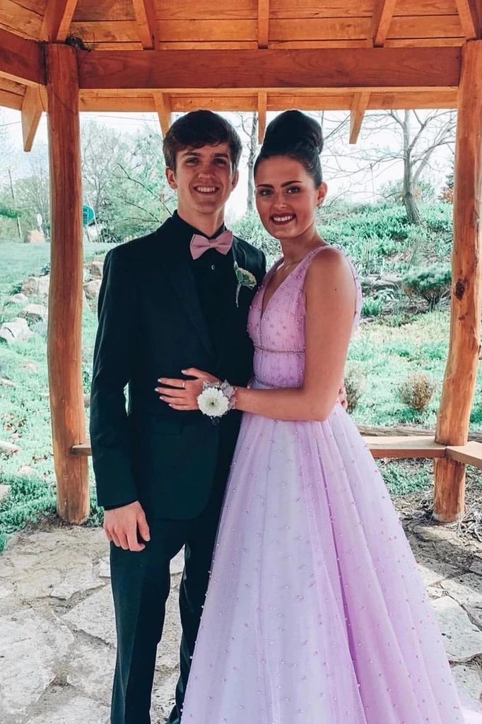 A Line V Neck Sexy Long Lilac Prom Dress Tulle Formal Dress OKS20