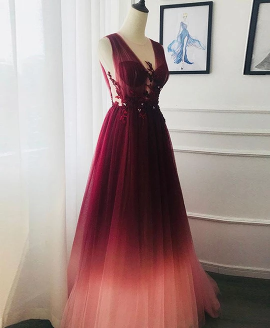 A-line Appliques Burgundy Tulle Long Prom Dress OKS22