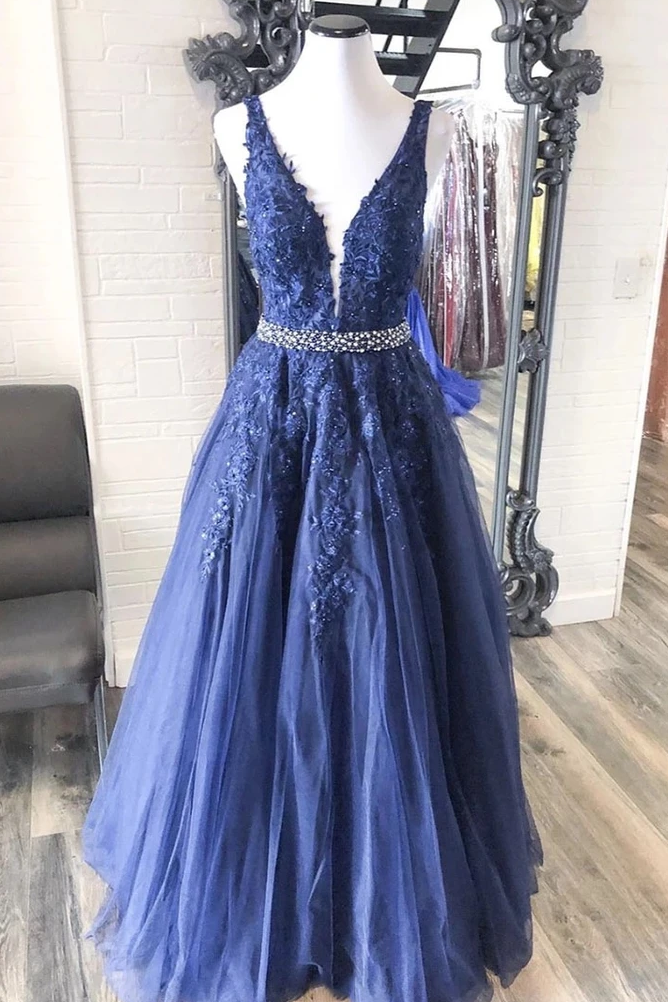 A-line V neck Royal Blue Lace Appliques Long Prom Dress Tulle Evening Dress OKS95