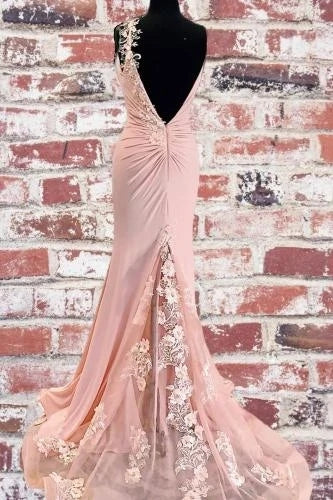 Mermaid Pink Lace Appliques Long Prom Dress With Slit Backless Evening Dress OKT14