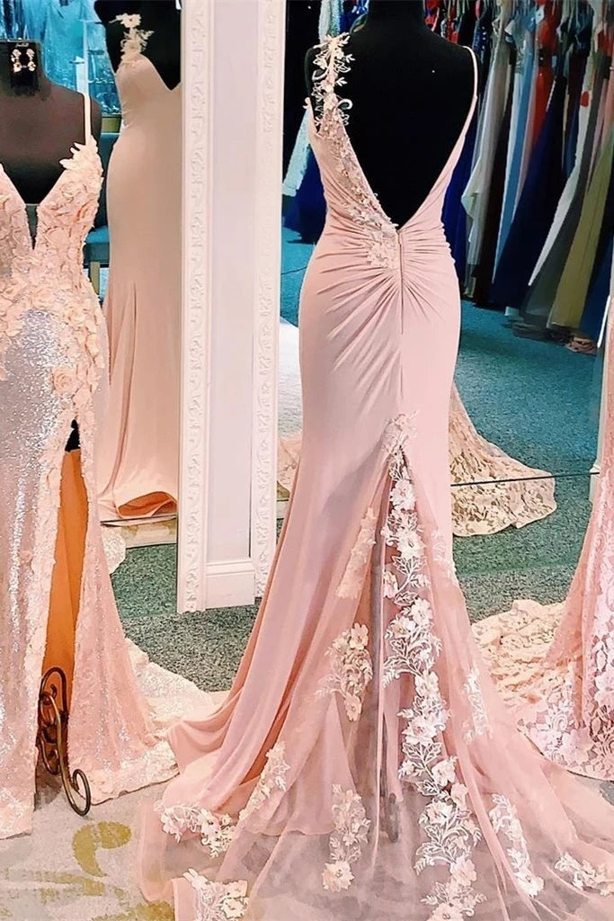 Mermaid Pink Lace Appliques Long Prom Dress With Slit Backless Evening Dress OKT14