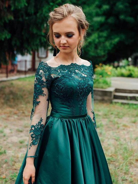 A Line Long Sleeves Dark Green Satin Appliqued Prom Dress Evening