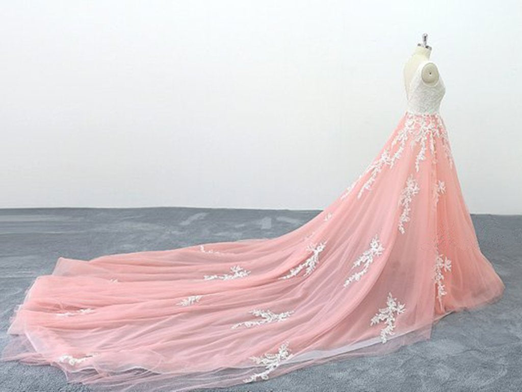 A-line V-neck Pink Tulle Lace Appliques Cathedral Train Formal Prom Dress OKS2
