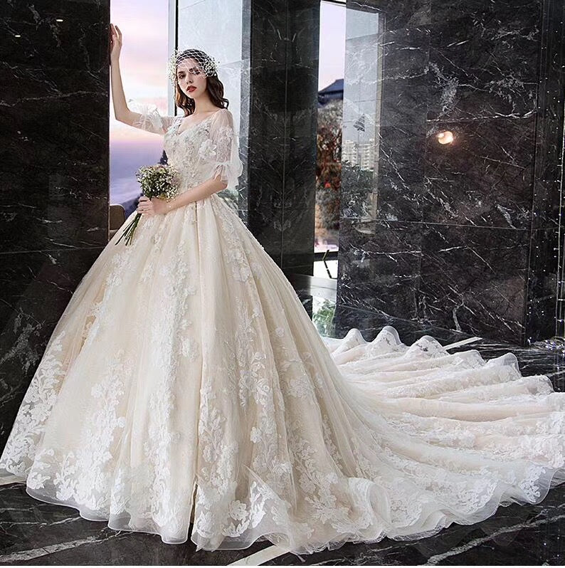 Charming Half Sleeves Ball Gown Wedding Dresses Appliques V Neck