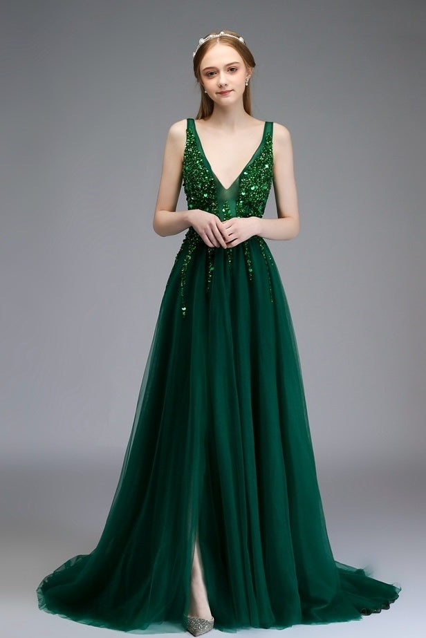 Sparkly Beading Tulle A-line V-neck Front Split Prom Dress For Teens OD916