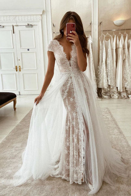 Gorgeous Deep V Neck Cap Sleeves Lace Tulle Wedding Dress OK1086