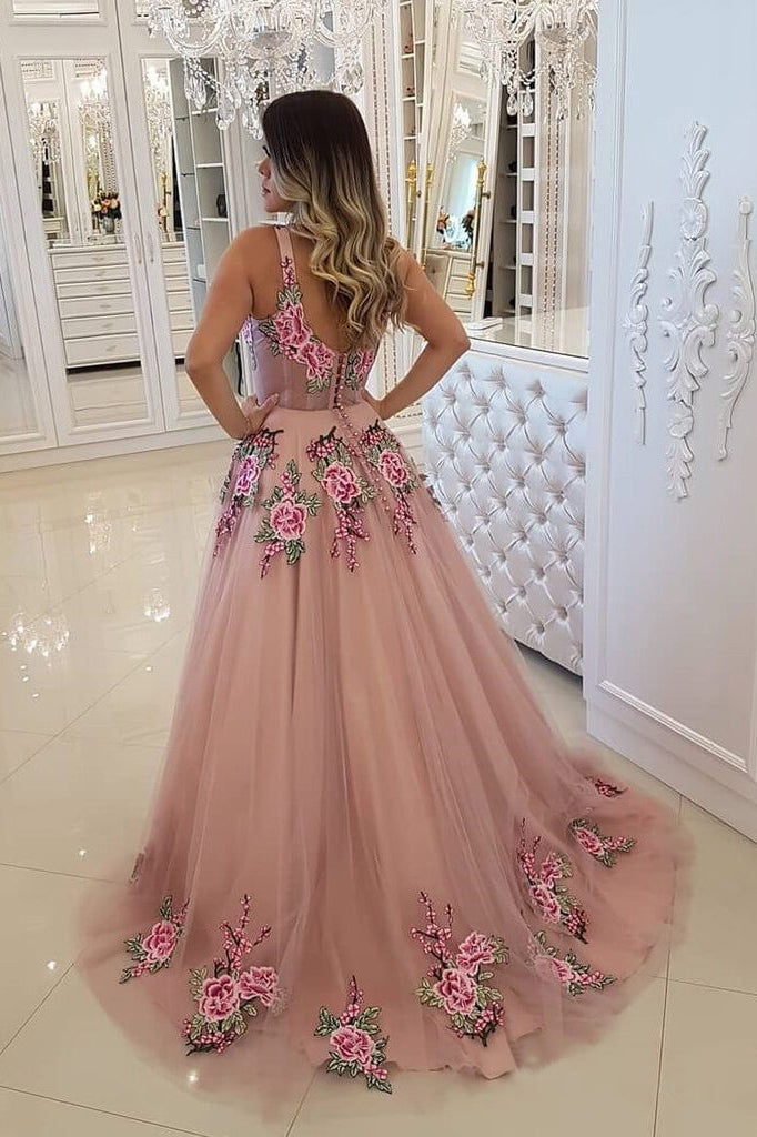 Broad Strap Floral Appliqued Long Prom Dresses Cheap A Line