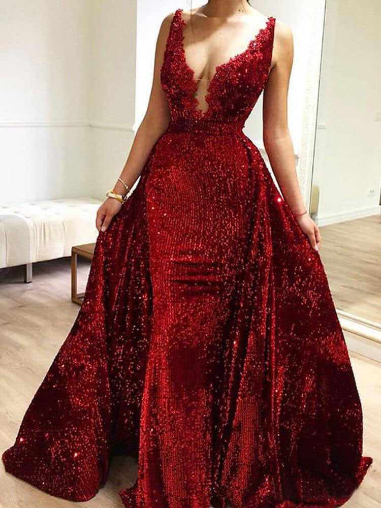 Burgundy Sequins Long V Neck Prom Dress Lace Evening Dresses OKP1