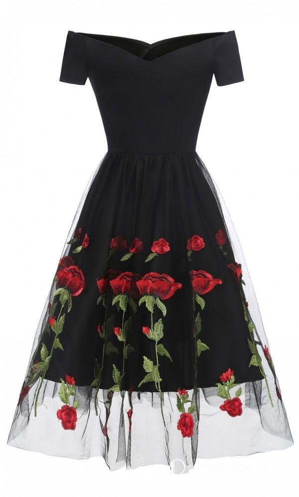 Charming Off the Shoulder Tulle Black Homecoming Dress with Flowers OKO45