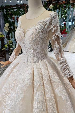 Princess Long Sleeves Ball Gown Lace Wedding Dress, Long Bridal Dress OKN43
