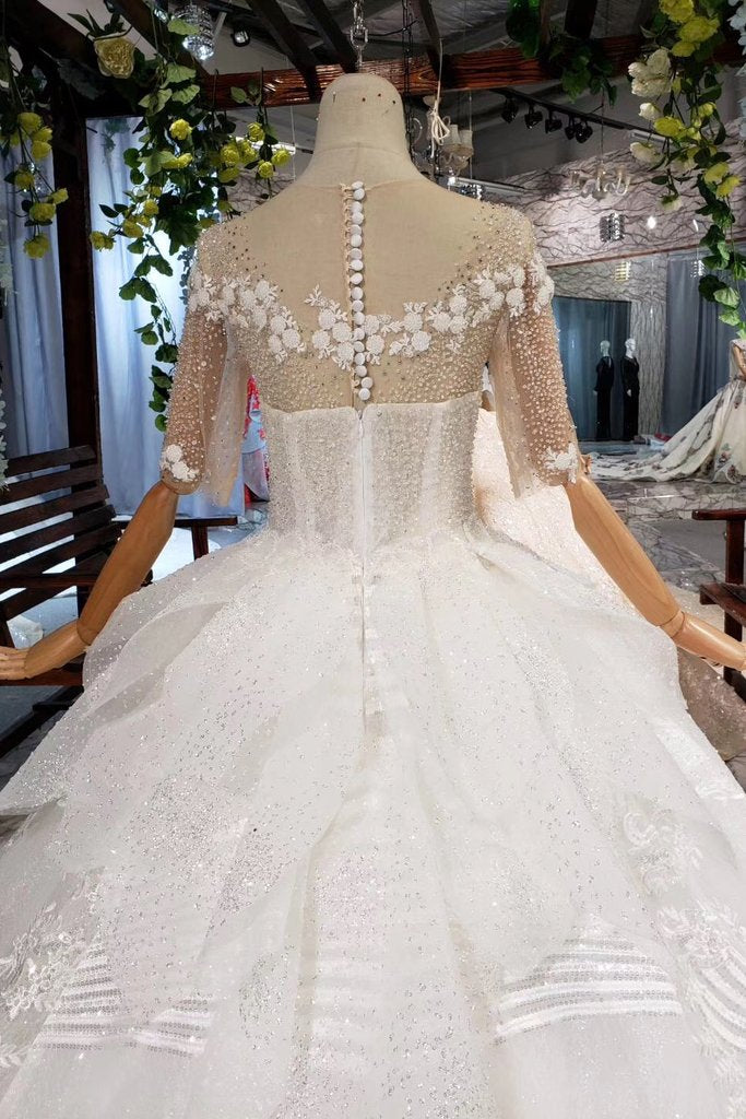 Ball Gown Half Sleeves Lace Bridal Dresses with Sequins, Princess Long Wedding Dress OKN72