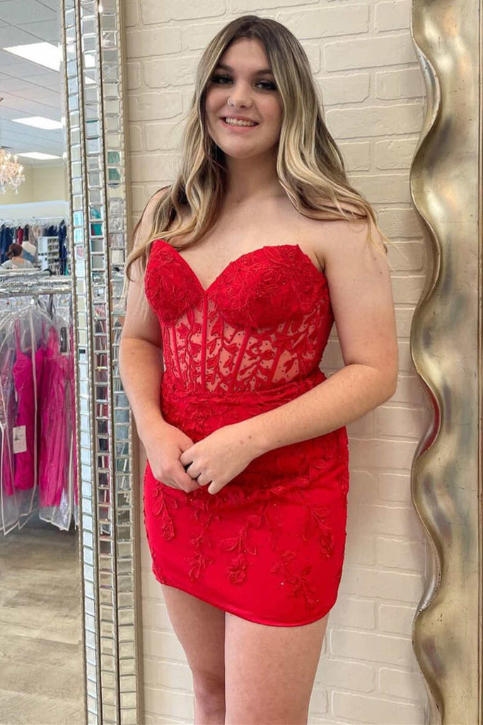 Hot Pink Appliques Strapless Lace-Up Bodycon Mini Homecoming Dress OK1632