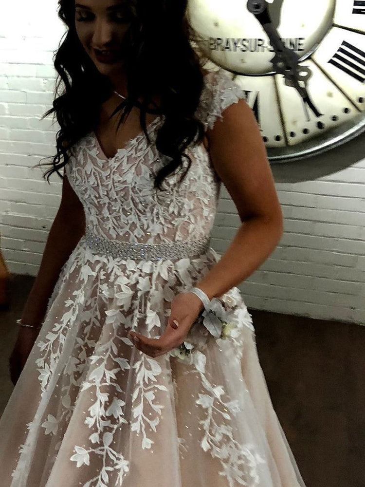 Charming A-line V Neck Long Prom Dress with White Appliques Formal Party Dress OKU17