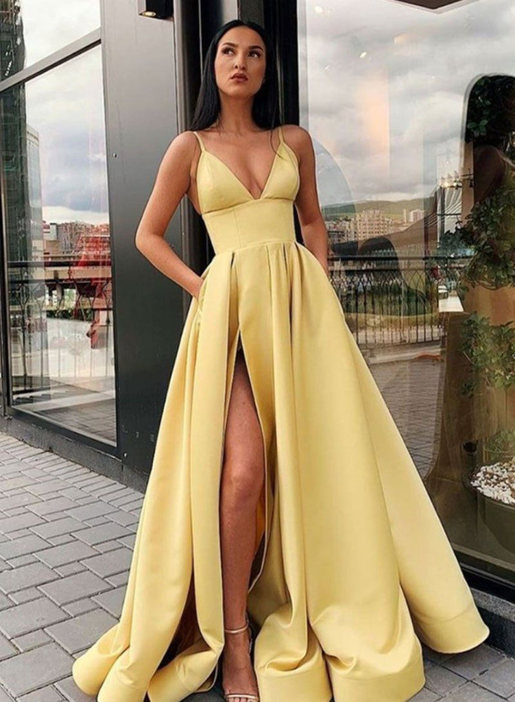 Charming A Line Spaghetti Straps Yellow Prom Dress with Split Front OKQ86